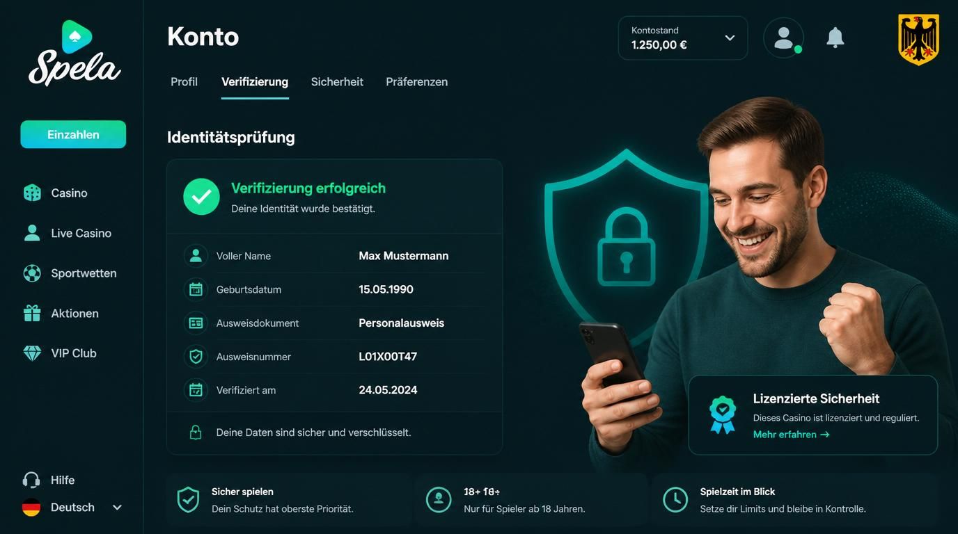 Ein Spieler mit digitalen Ausweisdaten und Sicherheitssymbolen auf einem Casino-Interface.