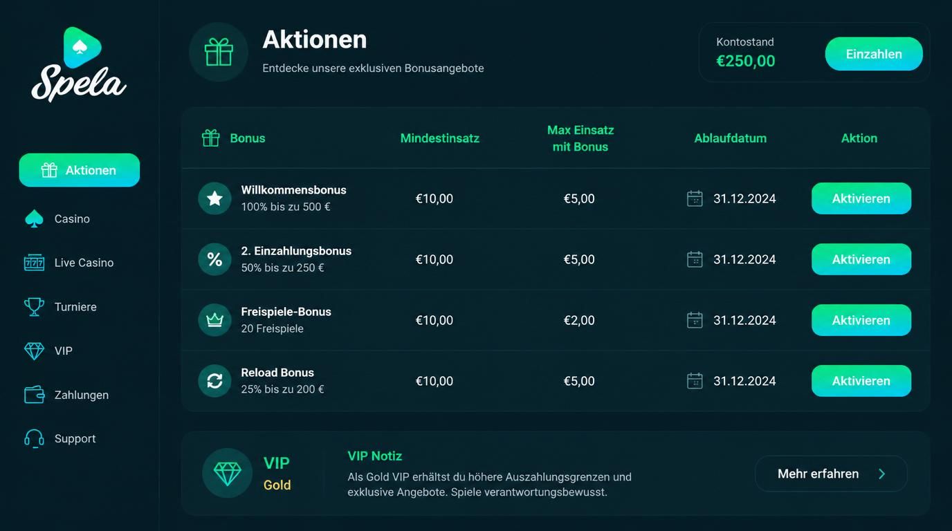 Tabelle mit Bonusregeln eines VIP-Kontos.