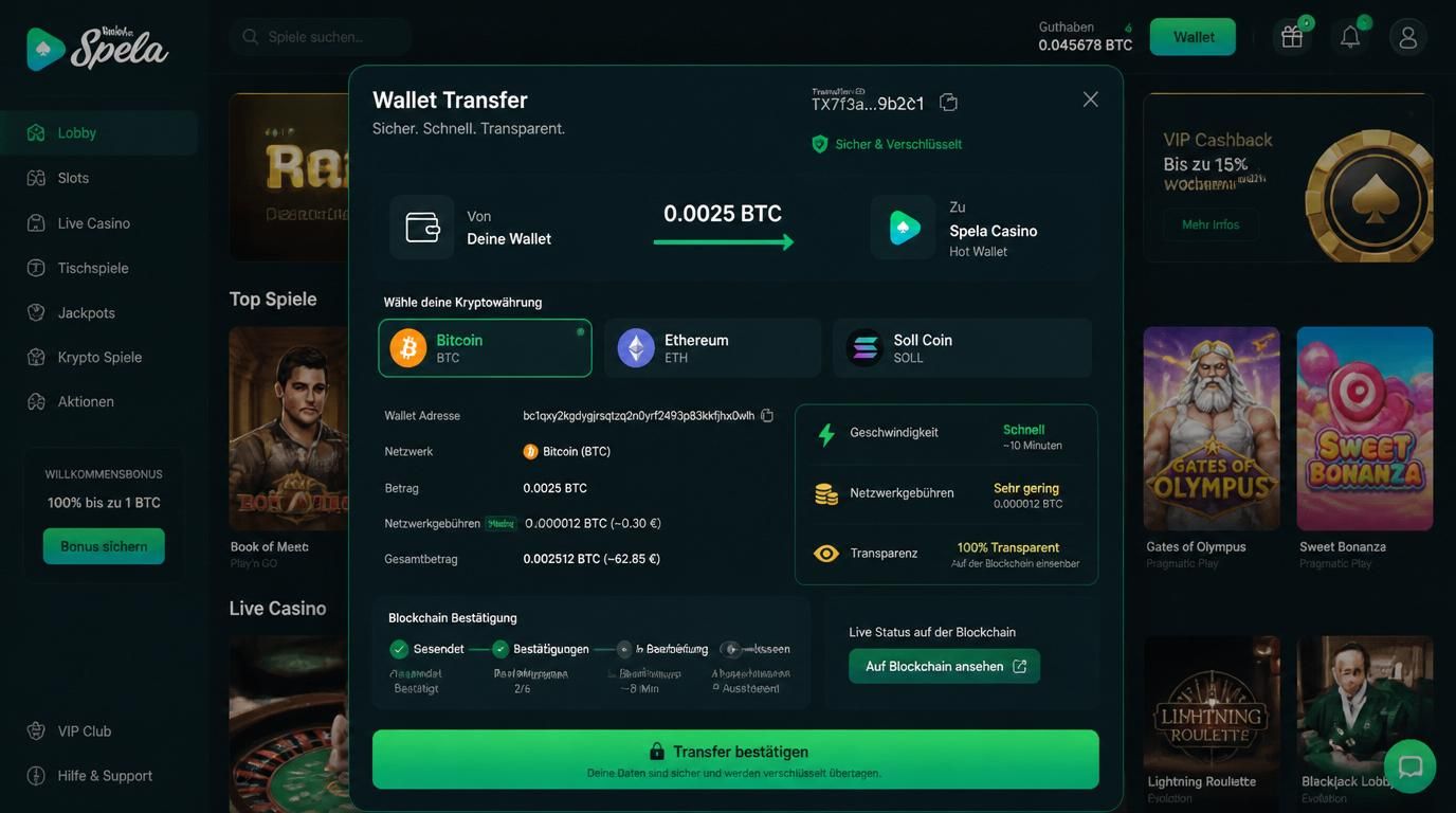 Ein Krypto-Wallet zeigt eine Transaktion mit niedriger Gebühr und Bestätigung.