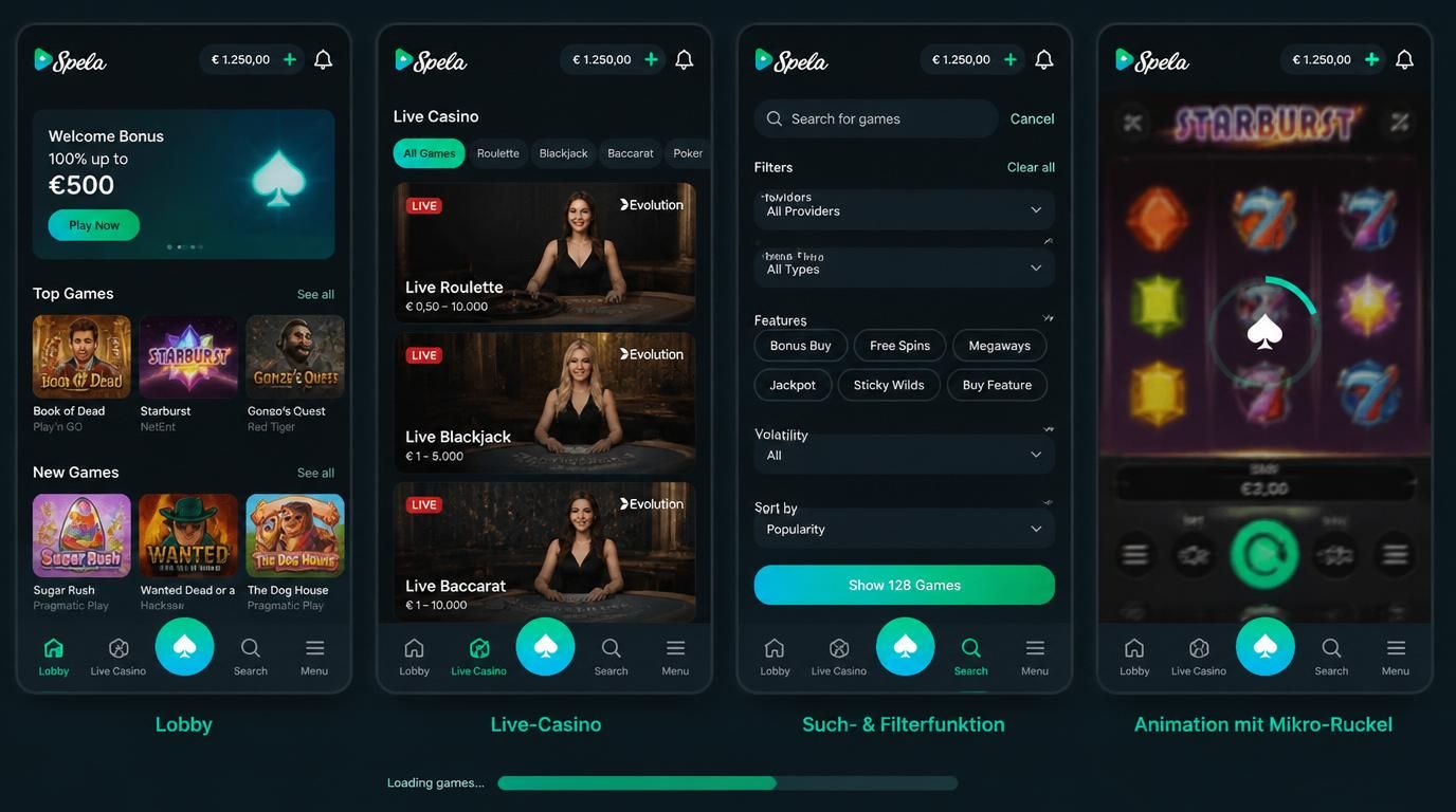 Casino App-Screenshots mit schneller Lobby, Live-Casino und kleiner Animation.