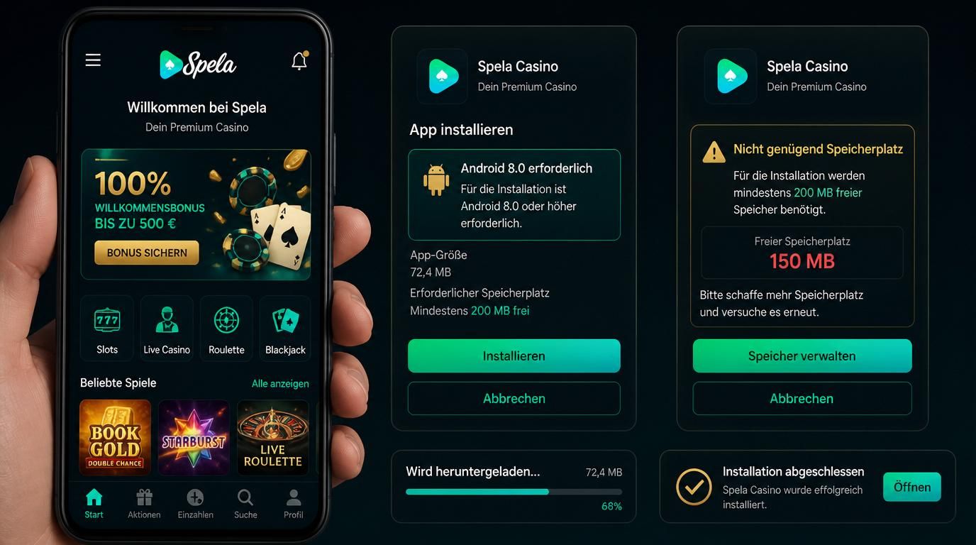 Screenshot einer modernen Casino-App unter Android mit Installationsdialog und Speicheranzeige.