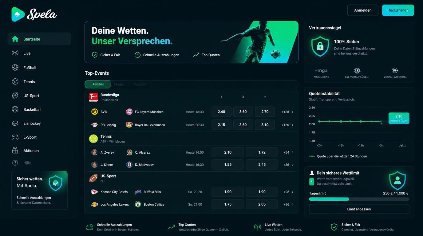 Ein Screenshot der Wettübersicht mit verschiedenen Sportarten und Quoten sowie einem Vertrauenssiegel.