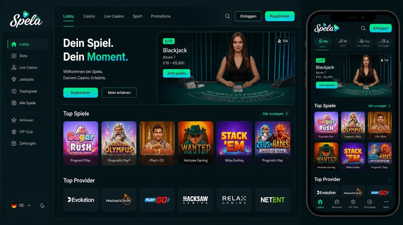  verschiedene Spielautomaten und Live-Tisch-Szenen in einem modernen Casino-Layout 